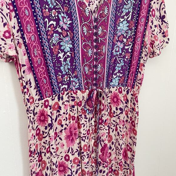 Maxi Dress XL Pink Purple Floral Prairie Boho Waist Tie Flowy Hippie Festival - Picture 5 of 11